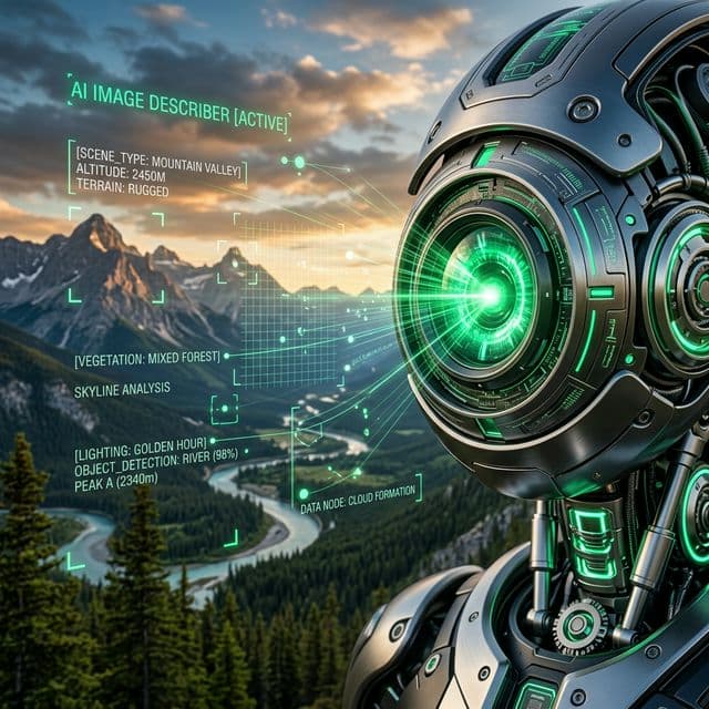 Deep AI Image Describer scanning a beautiful landscape for exact lighting and focal length parameters