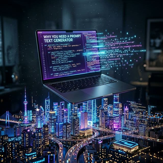 Why You Need a Prompt Text Generator laptop software screen bursting into a 3D cityscape
