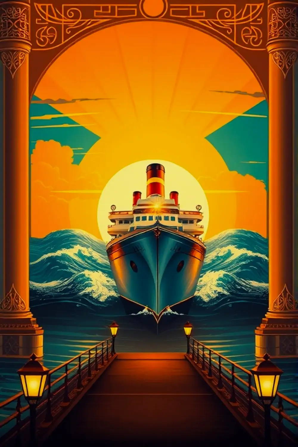 Gilded Art Deco Voyage: Ocean Liner Poster