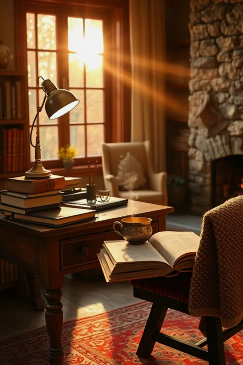 Cozy Autumn Study: Warm Golden Hour Glow - AI Generated Midjourney Art & Prompt Extraction