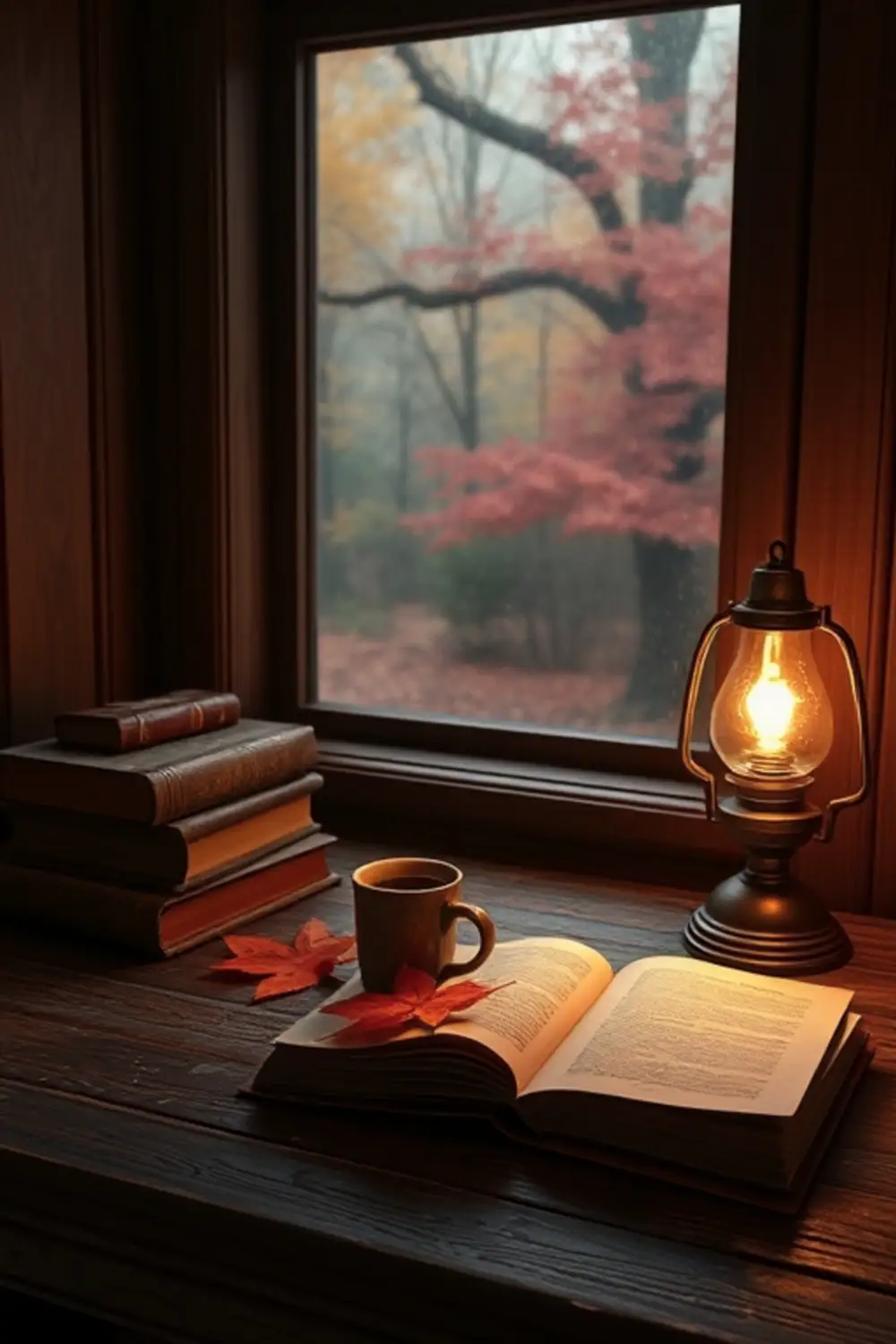 Cozy Autumn Study Inspiration: Warm Library Nook - ai prompt image generator output target