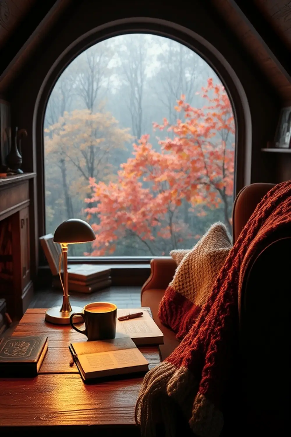 Rainy Autumn Study Nook: Cozy Hygge Vibes - AI Generated Midjourney Art & Prompt Extraction