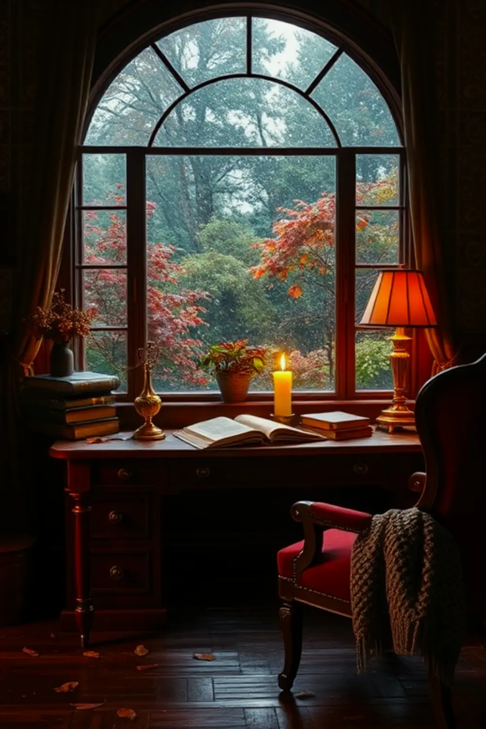 Cozy Autumn Study: Ember Glow & Rainy Window — Photorealistic Prompts
