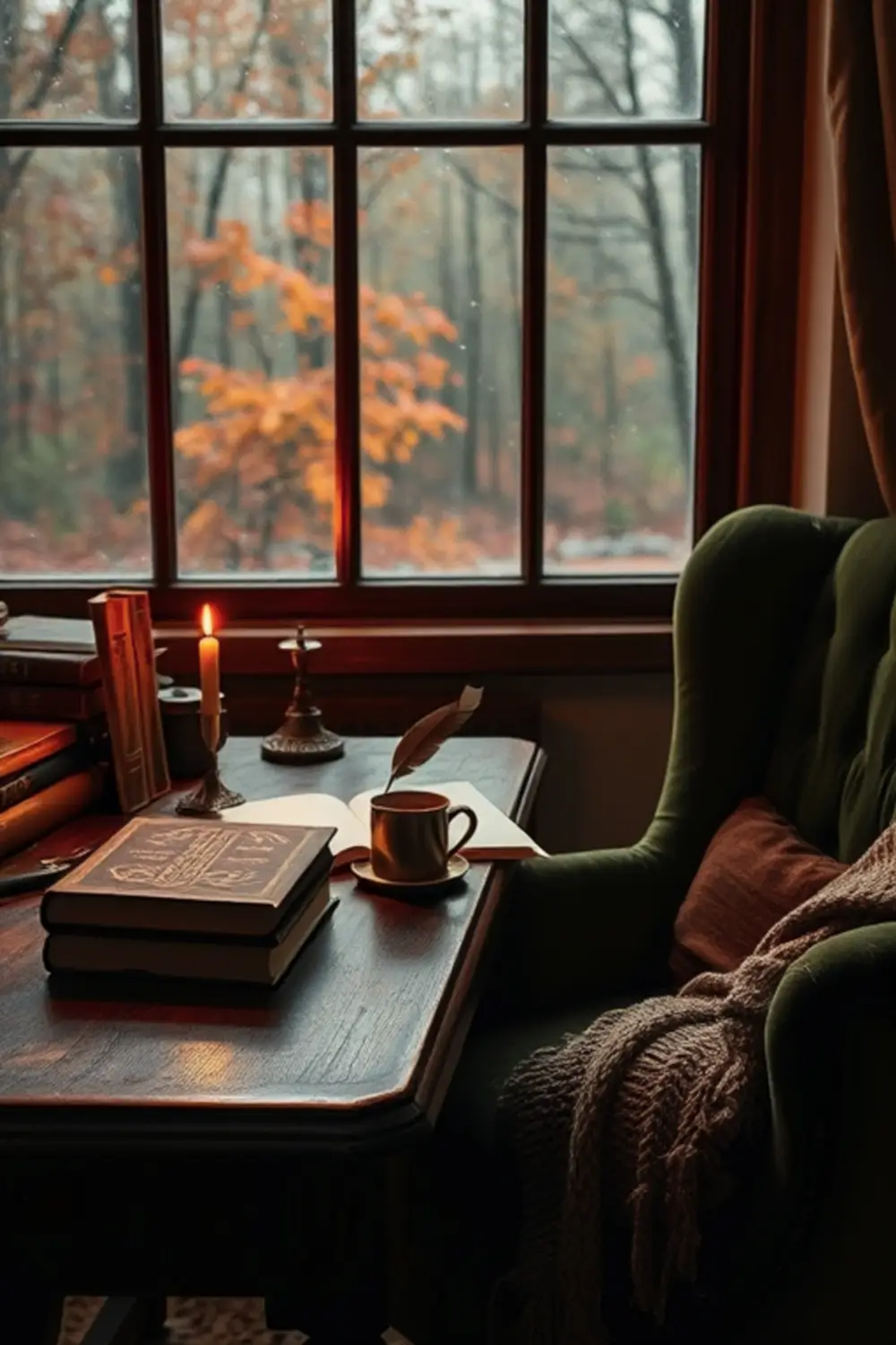 Cozy Autumn Study: Whispered Tales of Amber & Rain - AI Generated Midjourney Art & Prompt Extraction