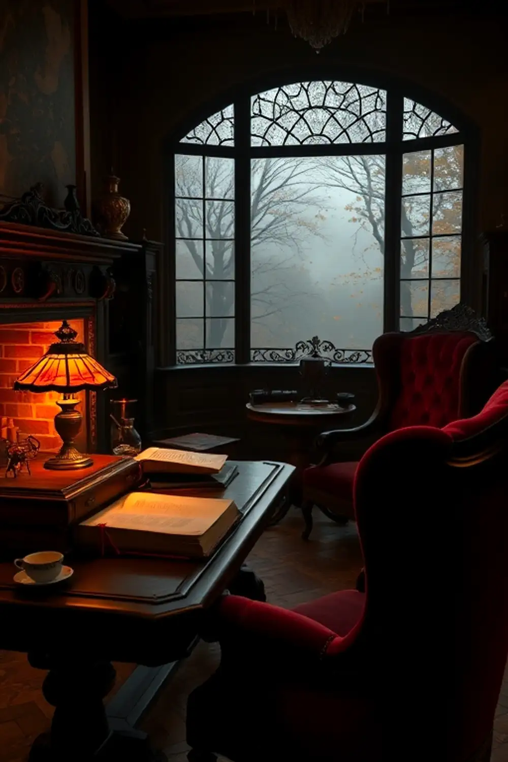 Cozy Autumn Study: Fireside Ink & Velvet Glow — Photorealistic Prompts