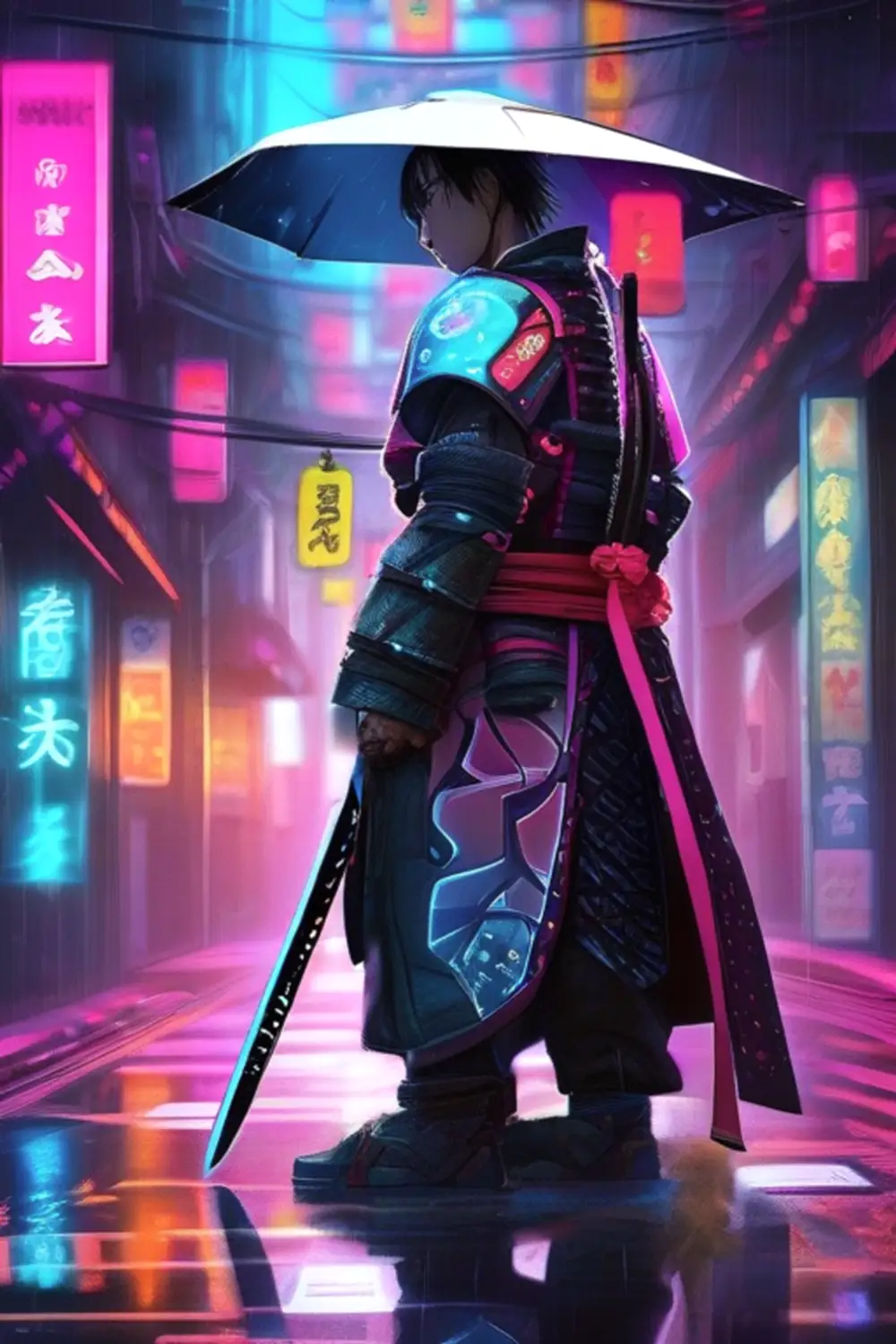 Cyber Samurai in Rain-Slicked Alley: Neon Masterpiece