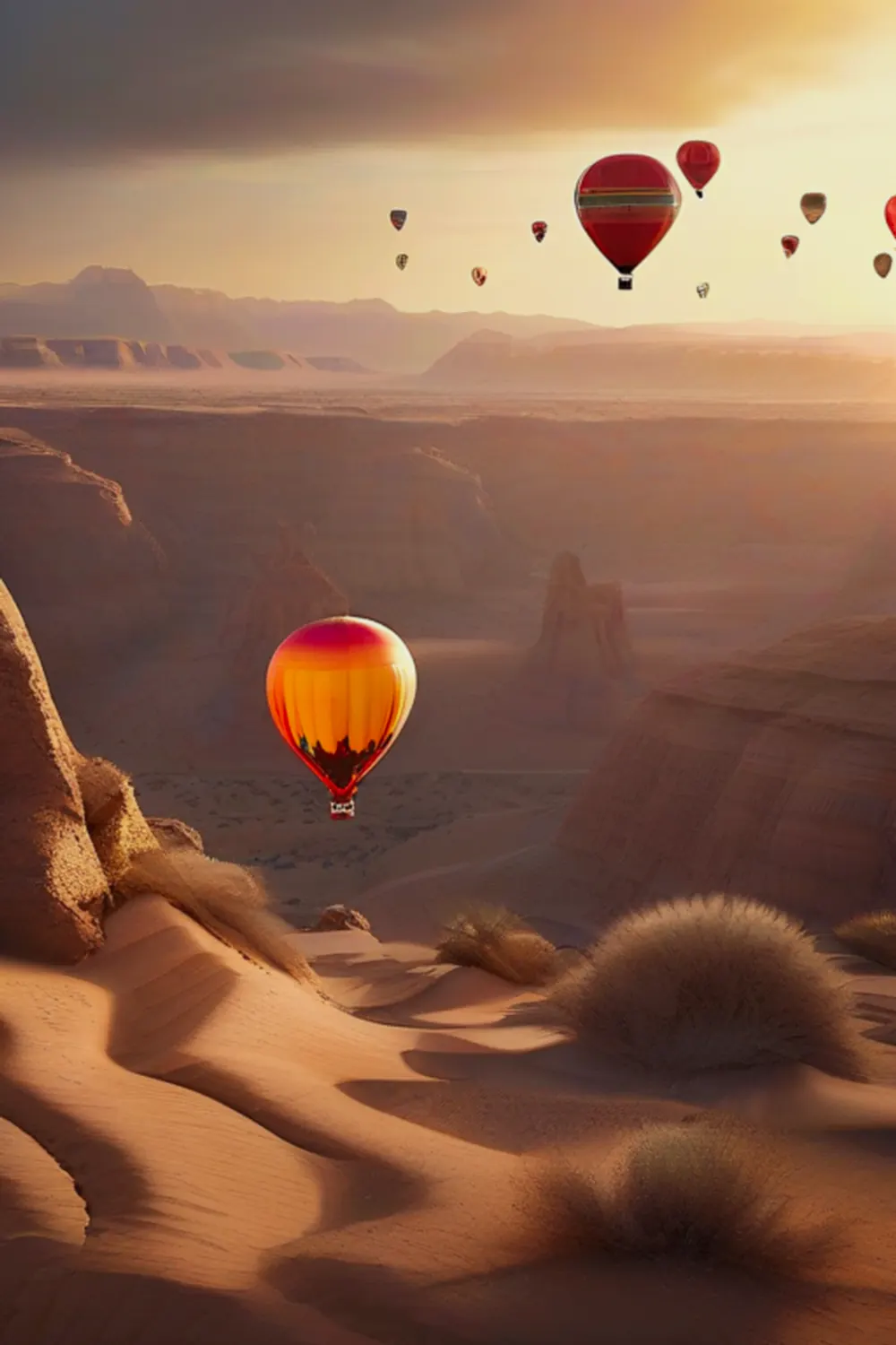 Hot Air Balloons Over Desert Canyon: Golden Hour Magic - ai prompt image generator example