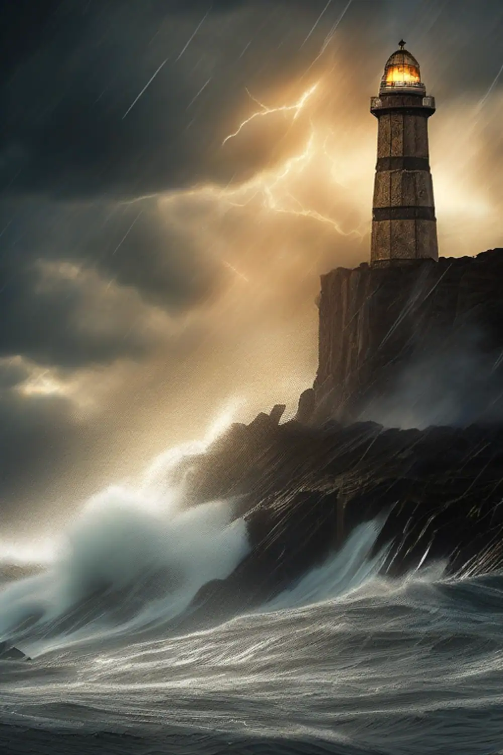 Storm Lighthouse: Hyperreal Sentinel in Volumetric Tempest - ai prompt image generator example