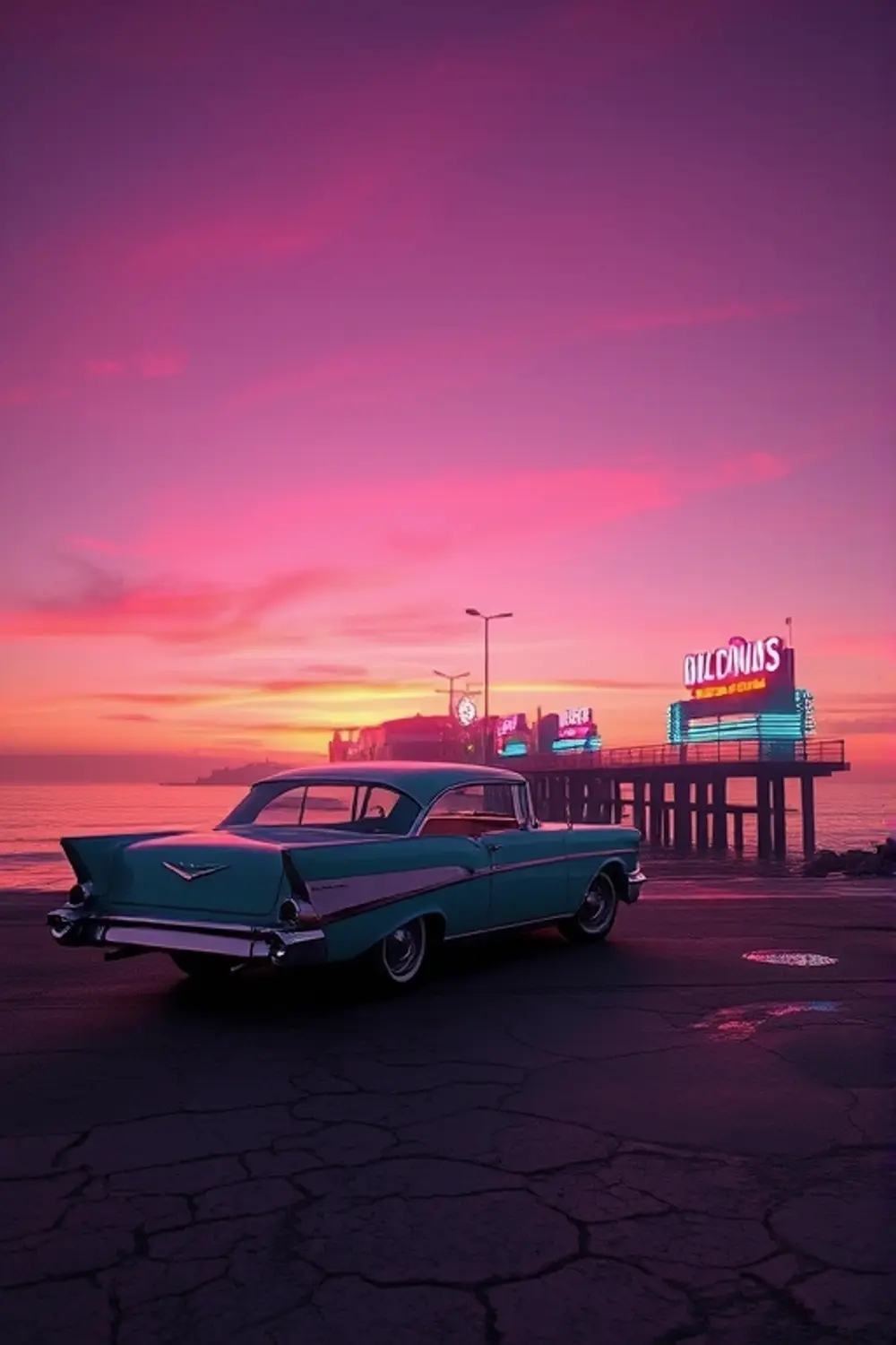 Retro Neon Sunset: Synthwave Pier Glow — Digital Art Prompts