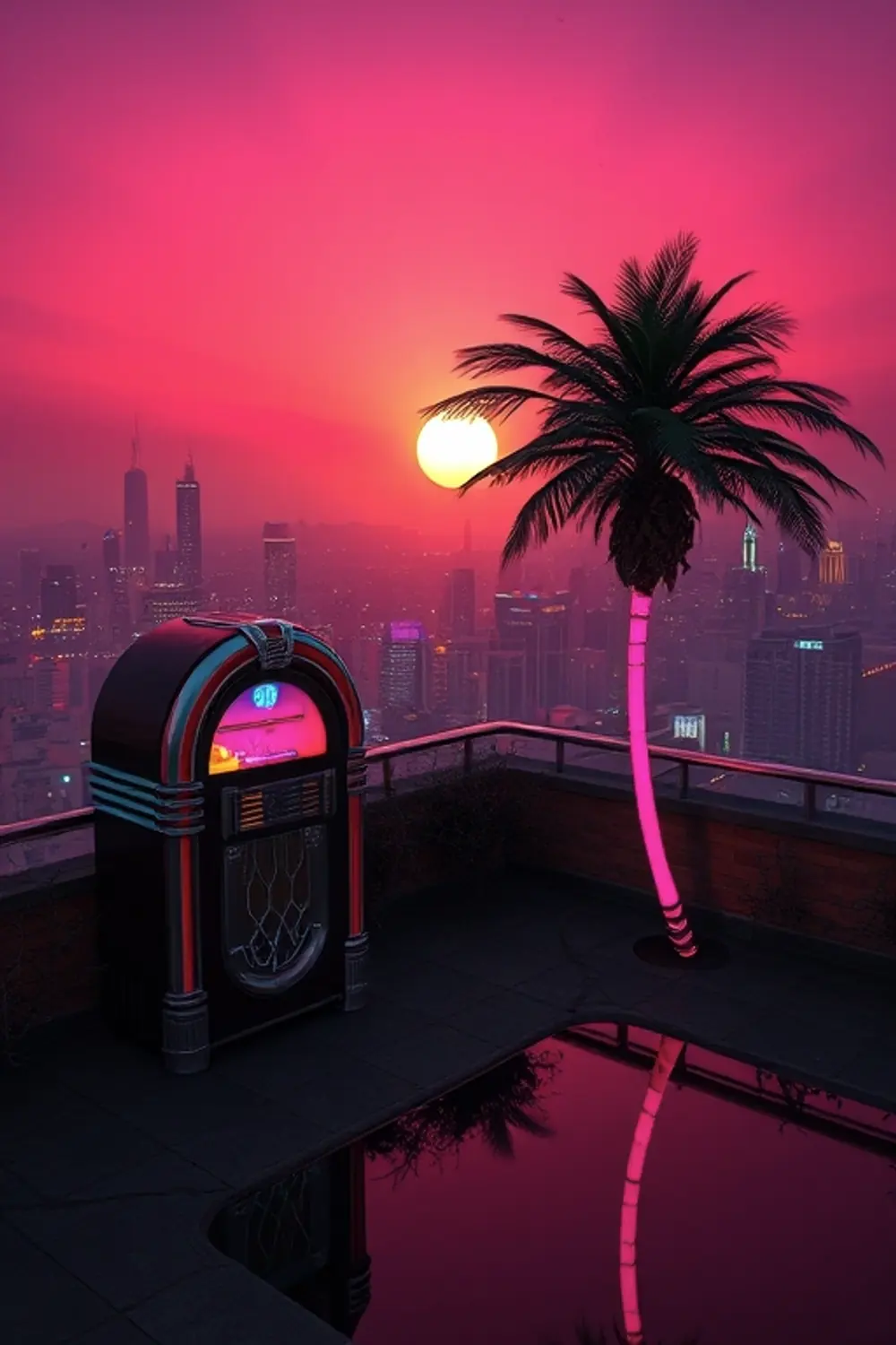 Retro Neon Sunset: Cyberpunk Oasis Glow — Digital Art Prompts