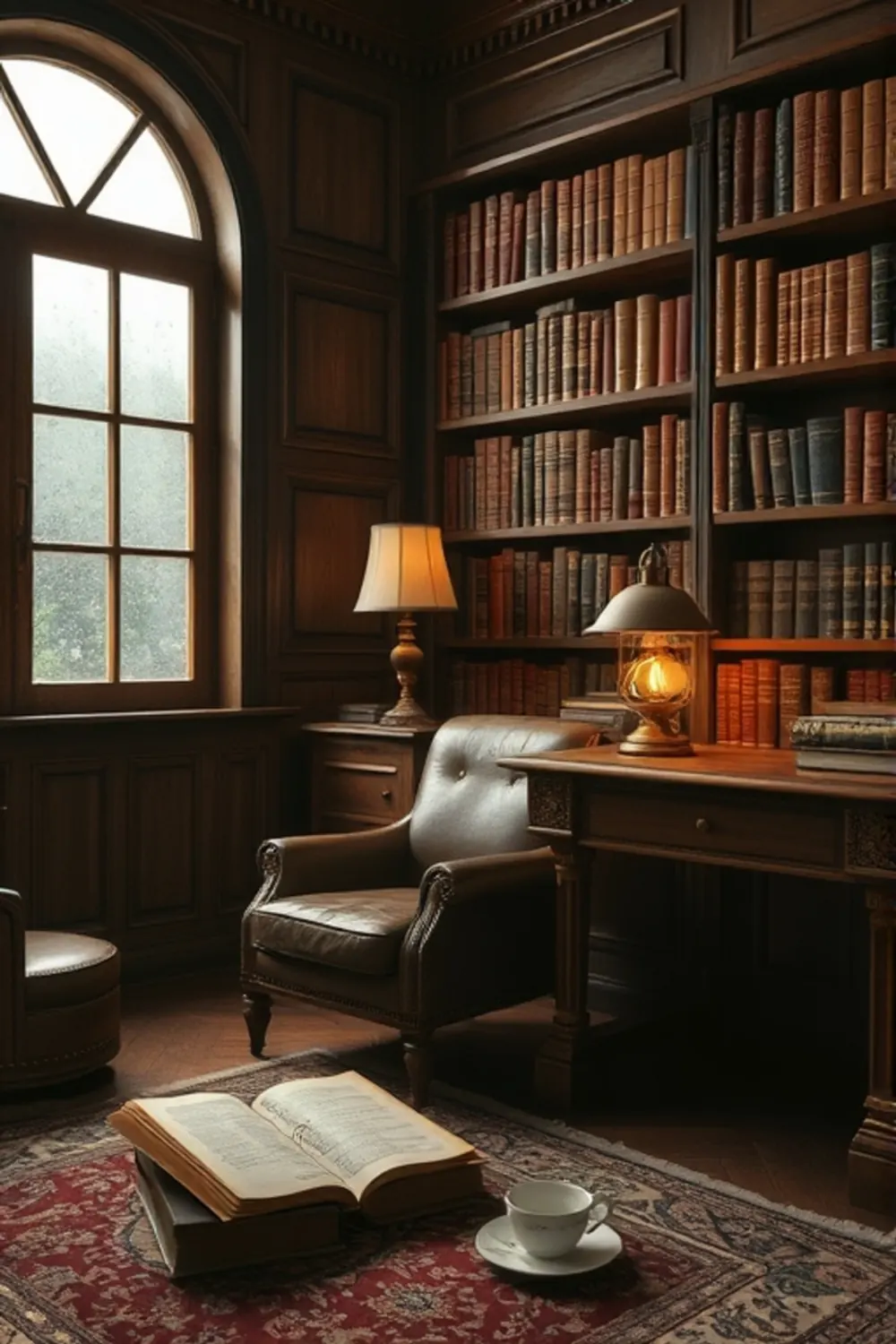 Cozy Vintage Library: Rainy Window Nook - AI Generated Midjourney Art & Prompt Extraction
