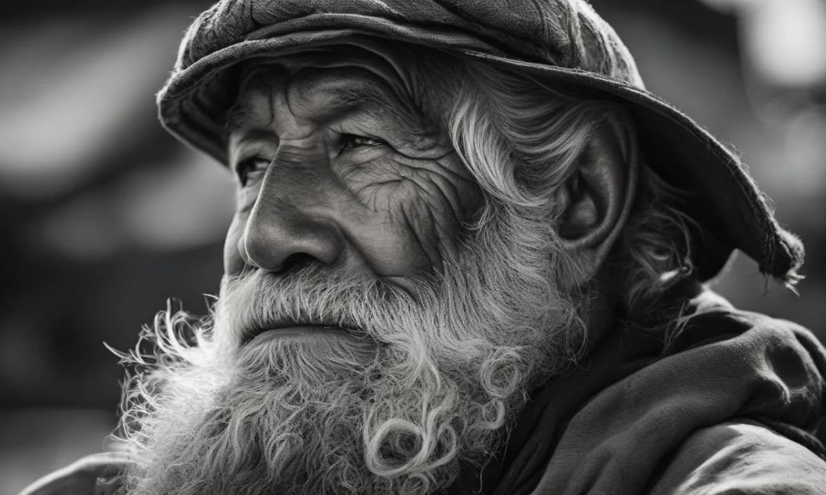Flux prompt example — black-and-white portrait of a weathered old fisherman, AI image reference