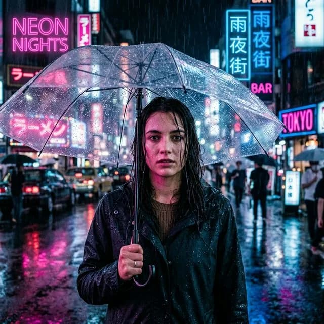 Neon Rain Portrait - ai prompt image generator example