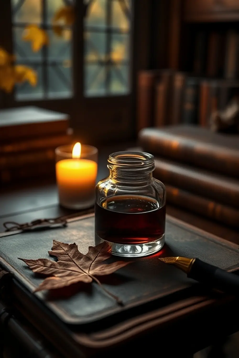 Cozy Autumn Study: Vintage Inkwell Glow - AI Generated Midjourney Art & Prompt Extraction