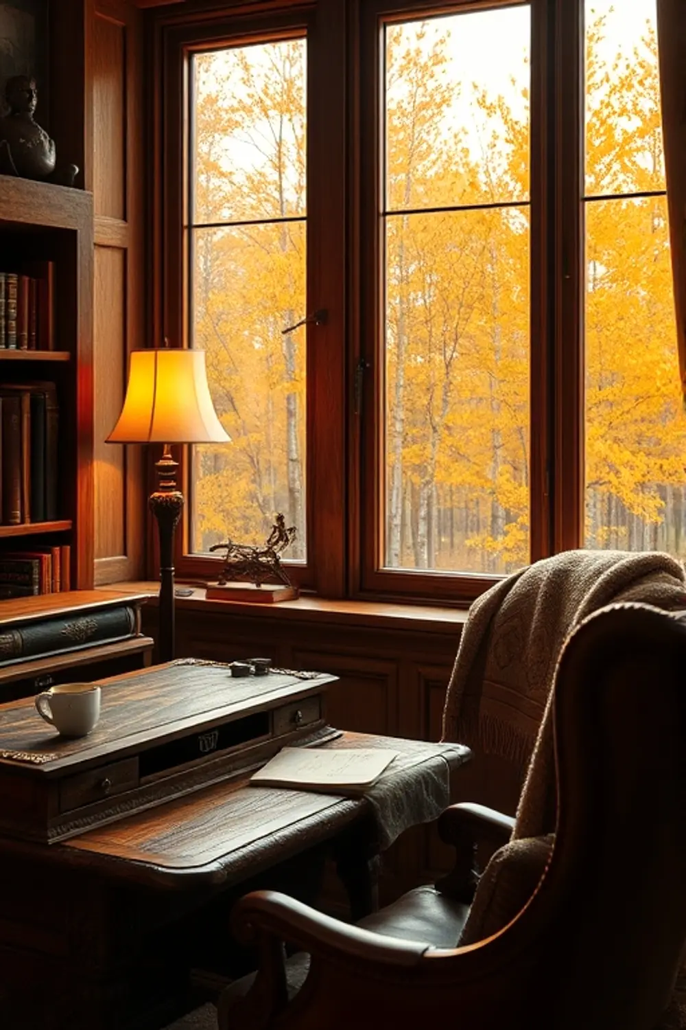 Cozy Autumn Study: Golden Hour Nook — Photorealistic Prompts
