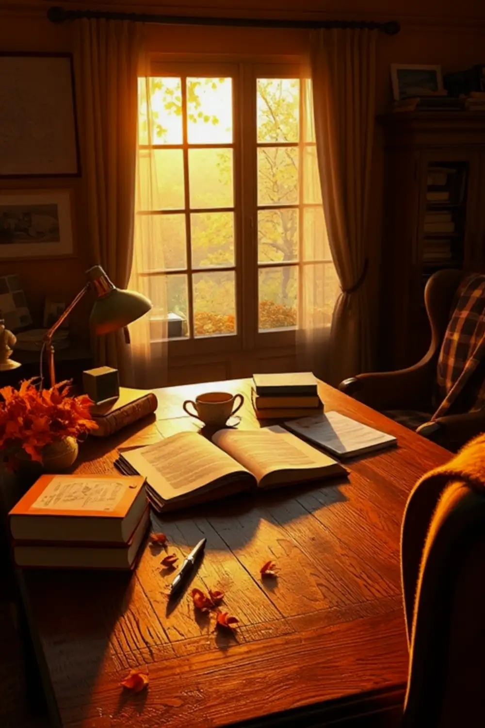 Cozy Autumn Study: Warm Golden Hour Glow - AI Generated Midjourney Art & Prompt Extraction
