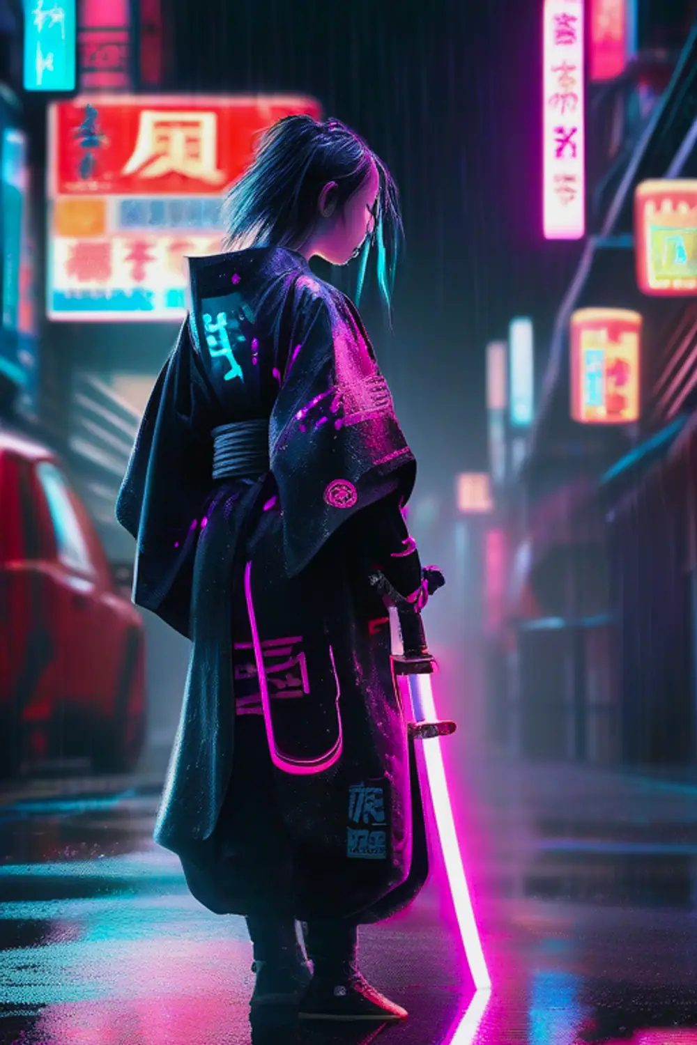 Neon Rain Samurai: Cyberpunk Alley - ai prompt image generator example