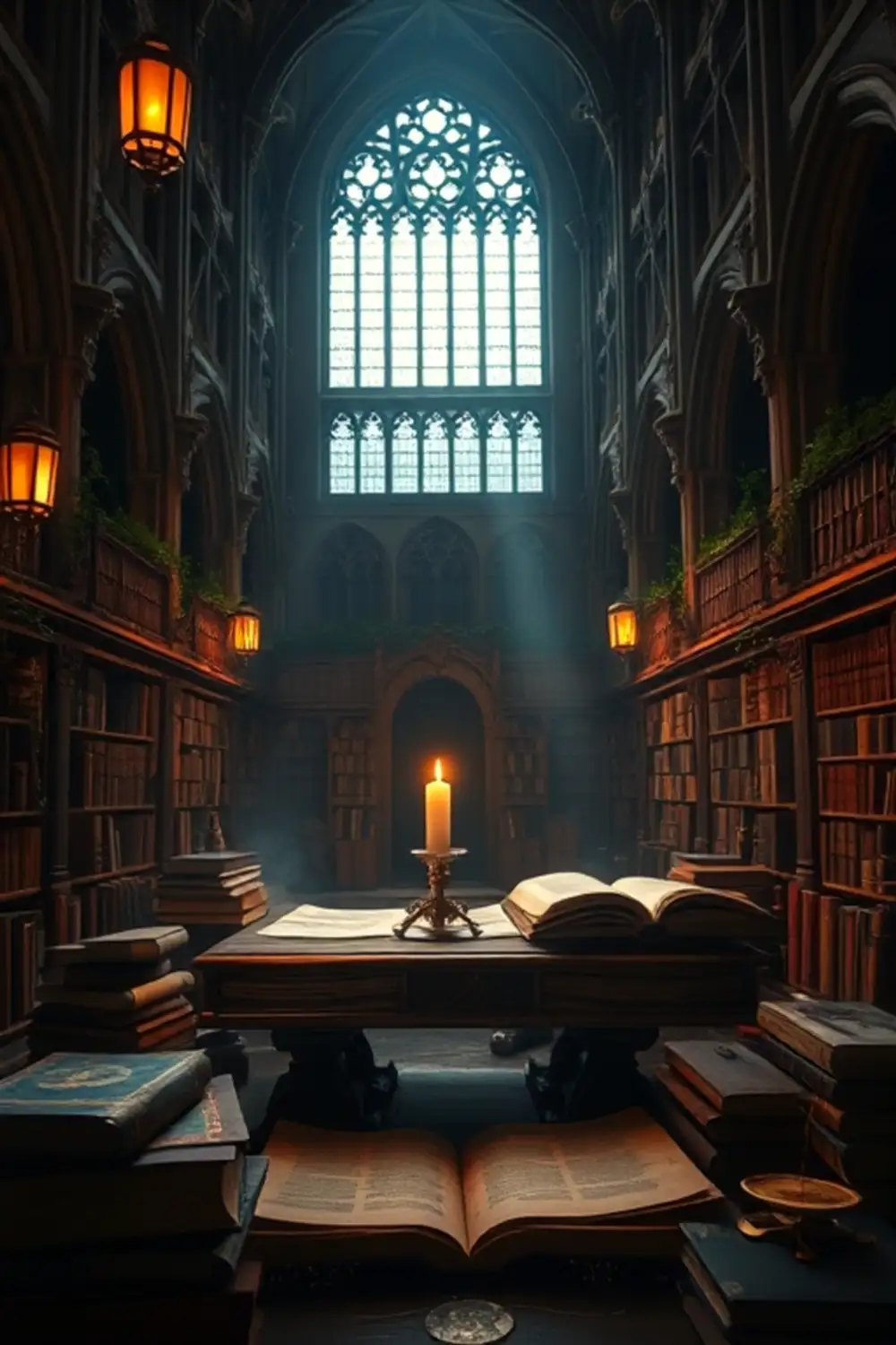 Dark Academia Gothic: Cryptic Library Lantern Glow — Digital Art Prompts