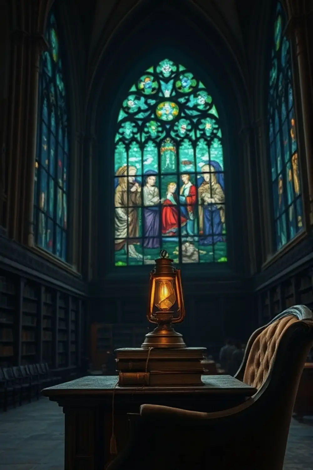Gothic Cathedral Library: Rain-Soaked Stained Glass Glow