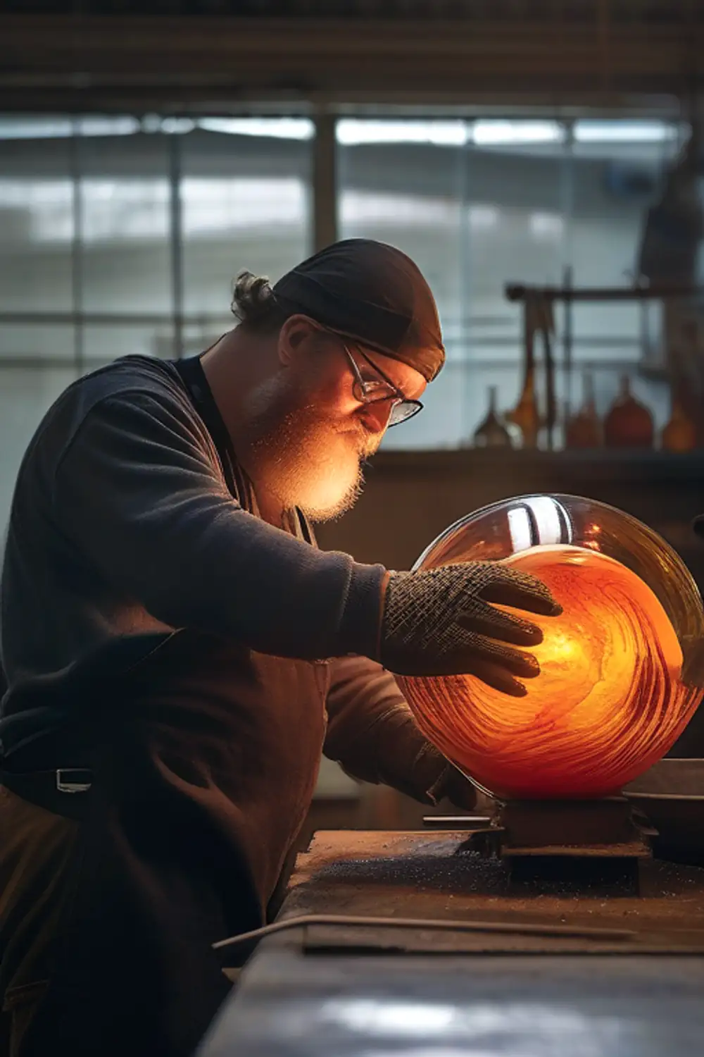 Molten Glass Artistry: Fiery Glassblowing Workshop - ai prompt image generator example