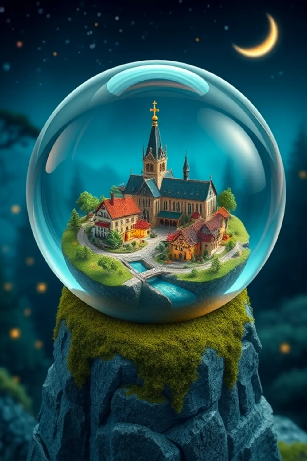 Enchanted Miniature City Diorama in a Crystal Sphere