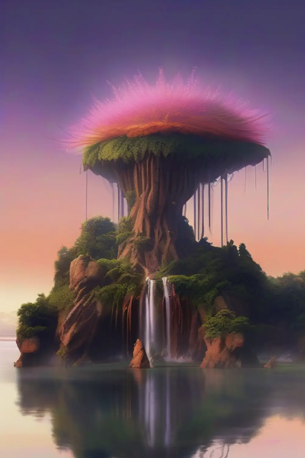 Ethereal Skyfall: Floating Isle & Cascading Light - ai prompt image generator example