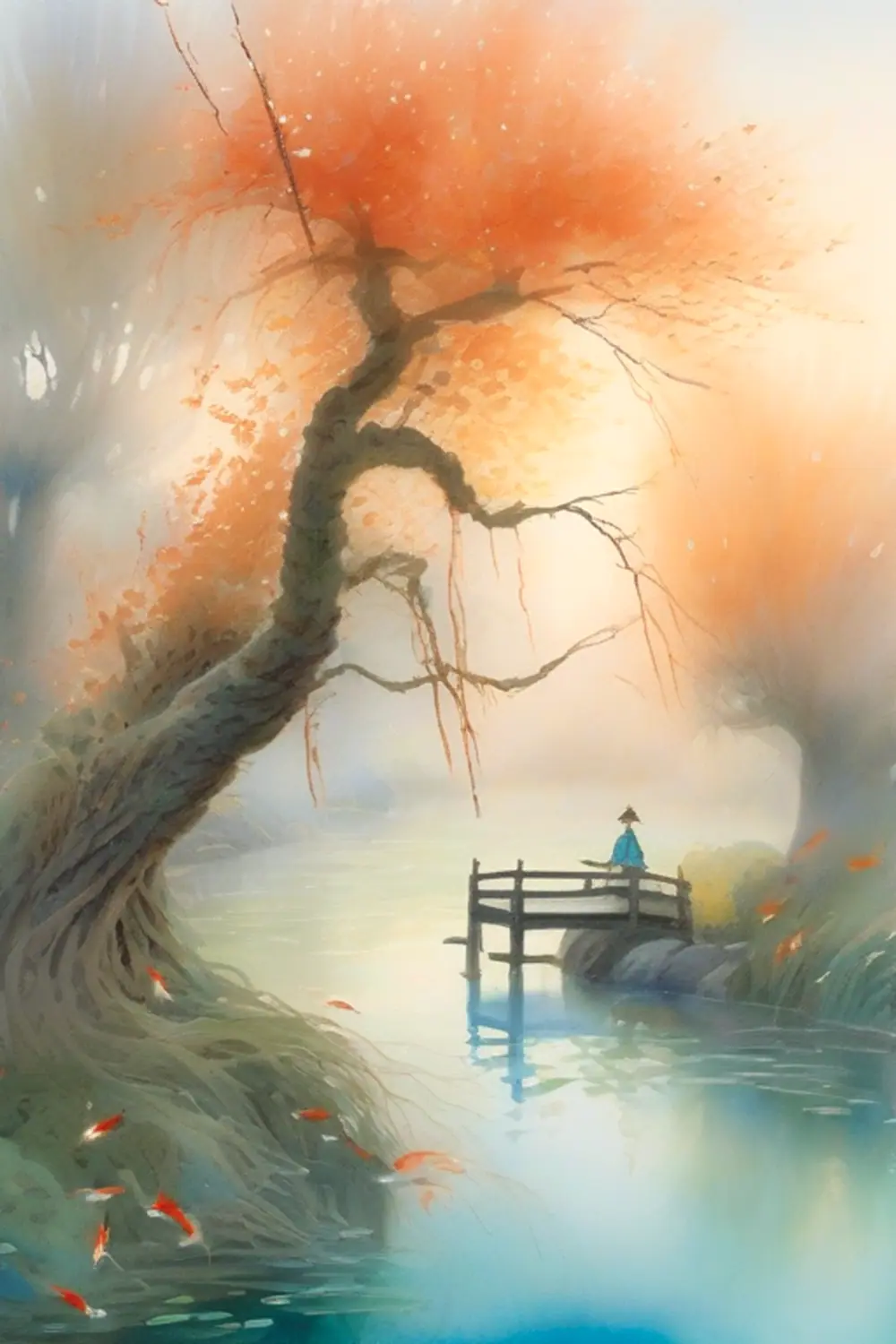 Watercolor Koi Pond: Ethereal Morning Mist