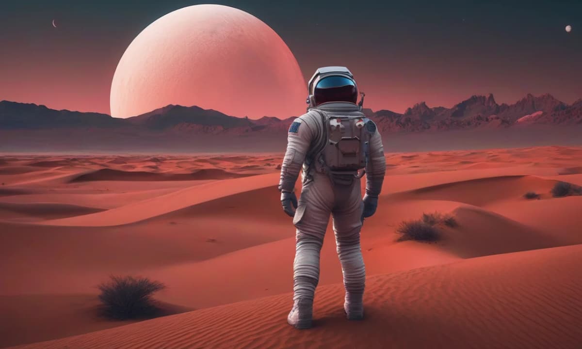 Midjourney prompt example — a lone astronaut on red desert dunes beneath a giant moon, cinematic AI image reference