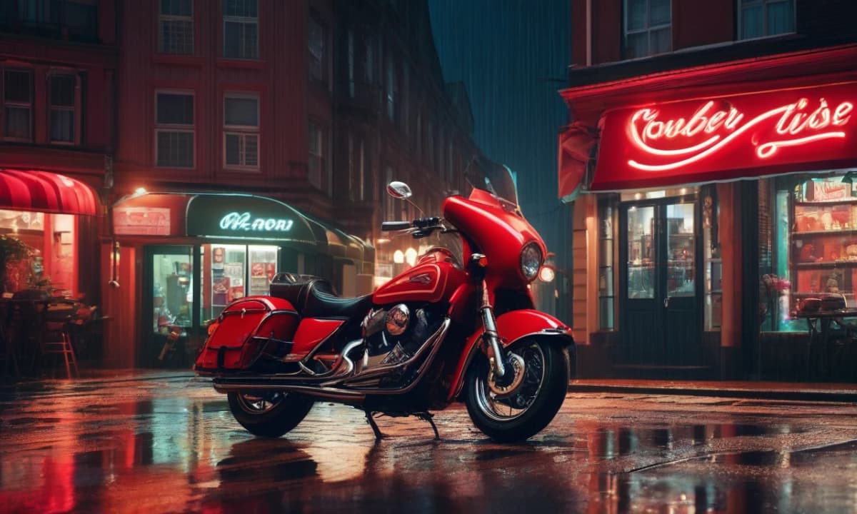 Stable Diffusion prompt example — a vintage red motorcycle at a neon diner on a wet night street, AI image reference scene