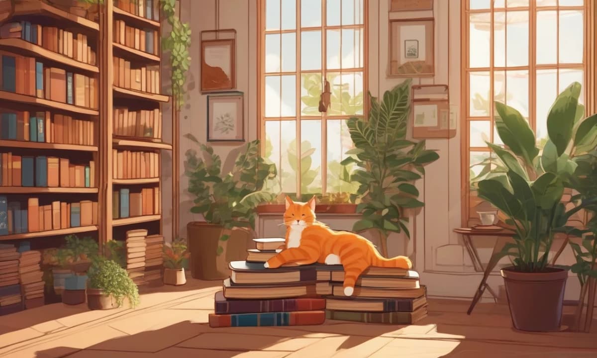 DALL·E 3 prompt example — a cozy bookstore cafe with a ginger cat asleep on books in warm light, AI image reference scene
