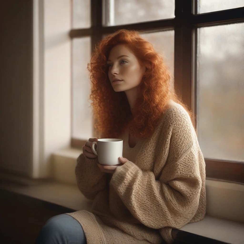 Stable Diffusion negative prompt example — AI portrait of a red-haired woman holding a mug, before-and-after comparison