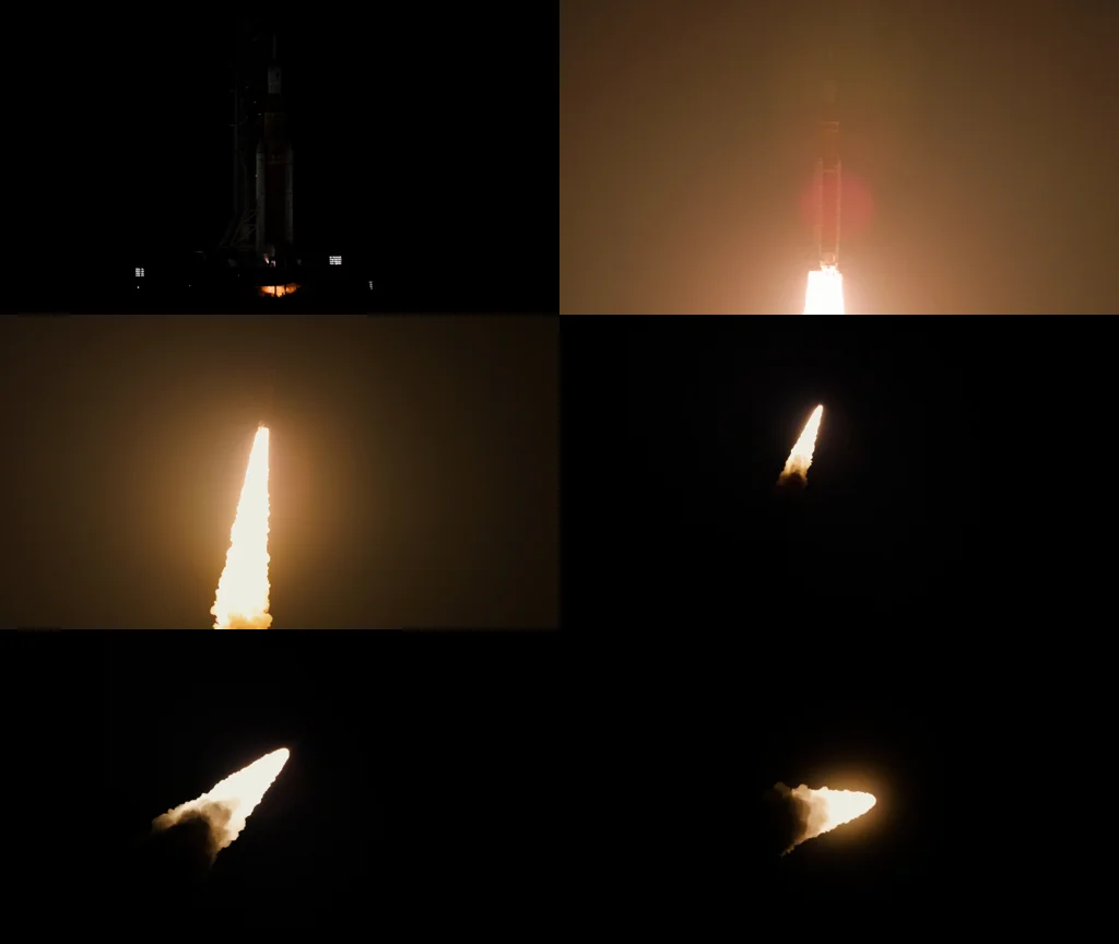 Video to prompt example — six-frame storyboard of NASA's Artemis I night launch, from pad to ascent, as the extractor sees it